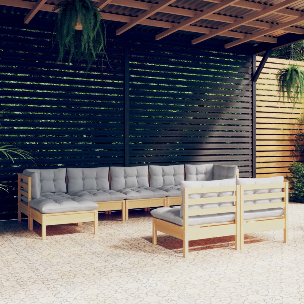 Vidaxl 9-Cz. Garden Lounge Set, Grey Cushions, Pine