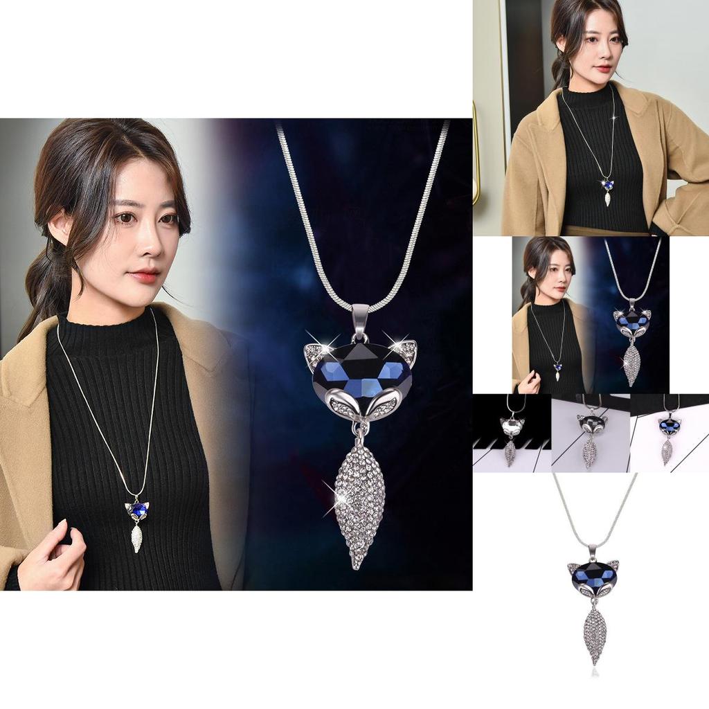 Stylish Womens Fox Charm Sweater Chain Necklace With Sparkling Crystal Accents And Alloy Material