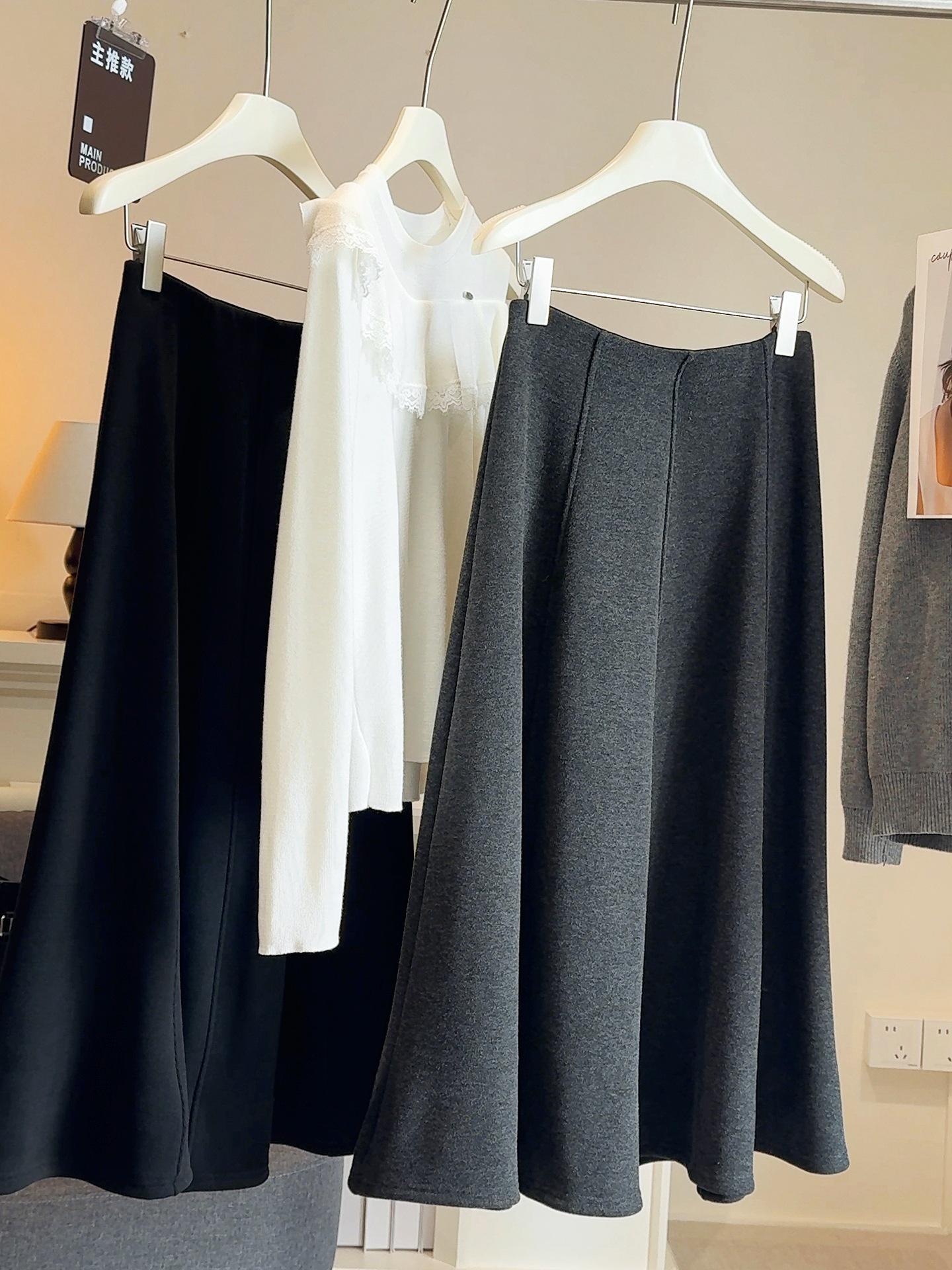 2025 A/W Women s Black Woolen High Waist A-Line Mid-Length Skirt Plus Velvet Medium серый