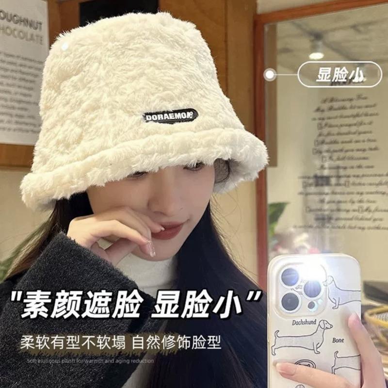 White plush fisherman's hat children's autumn and winter new thickened plush warm bucket hat temperament versatile plain basin hat