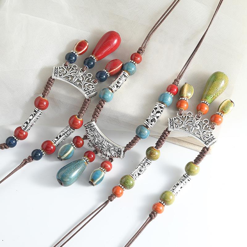 Water Drop-shaped Ceramic Pendant Necklace Female, Bohemian Retro Long Fringed Sweater Chain Accessories Gift
