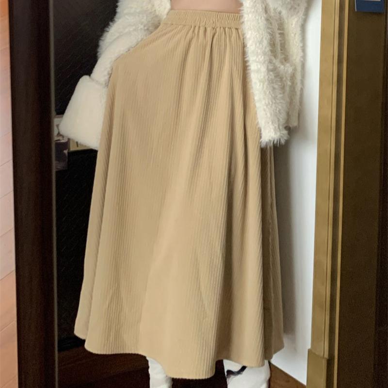 Women's Autumn Winter Fashion Mid-Length High Waist Versatile Pocket Umbrella Skirt A-Line Midi Skirt