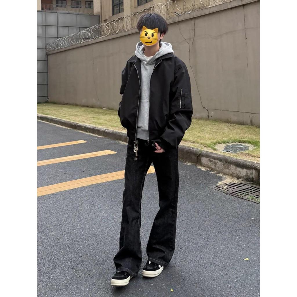 Men's Black MA1 Bomber Jacket - Autumn Streetwear Cool Lapel Short Silhouette Baseball Outerwear.