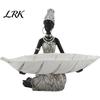 Silver Jewelry Carved Figure African Woman Figurine with Head Tray, Black & White Tribal Ethnic Pattern Resin Statue, Decor Dual-Function Storage