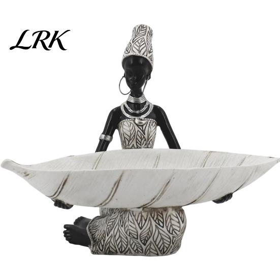 Silver Jewelry Carved Figure African Woman Figurine with Head Tray, Black & White Tribal Ethnic Pattern Resin Statue, Decor Dual-Function Storage