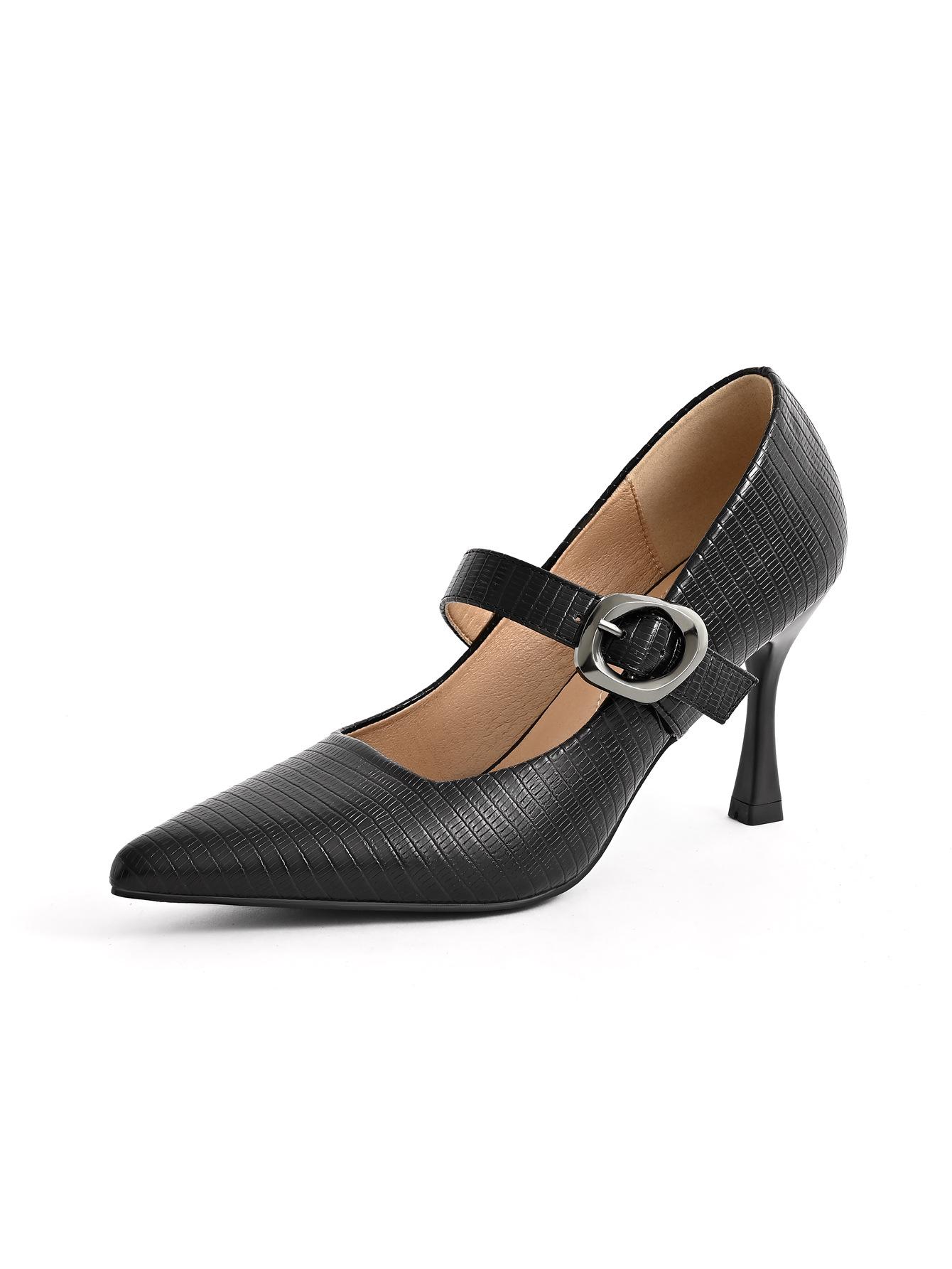 Spring & Summer Elegant Pointed Toe Low-Cut Heels with Single Strap Buckle for Women EU 38 чёрный