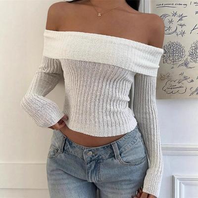 Womens Off Shoulder Long Sleeve Back Bow Slim Knit Top