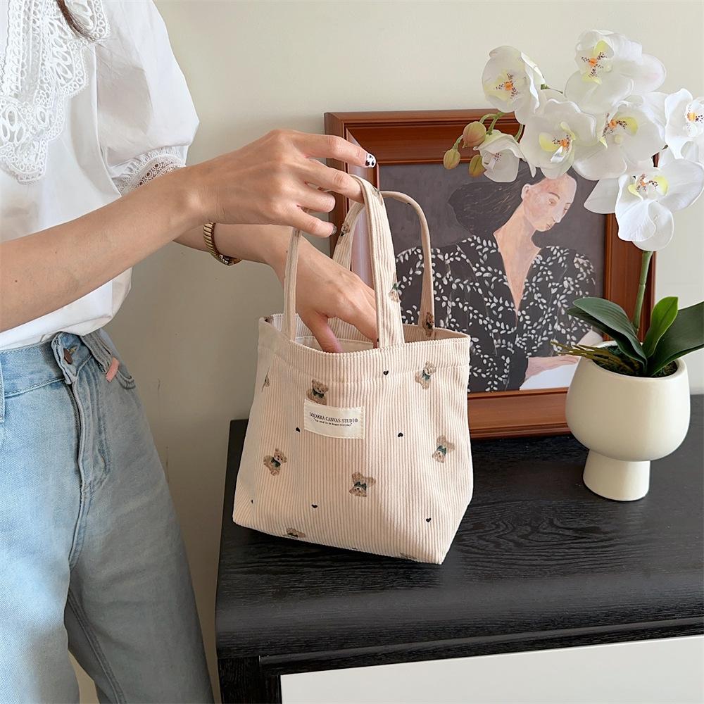 Corduroy Bear Handbag for Women, Outer Carry Bag, Lunch Bag, Student Small Lunch Box