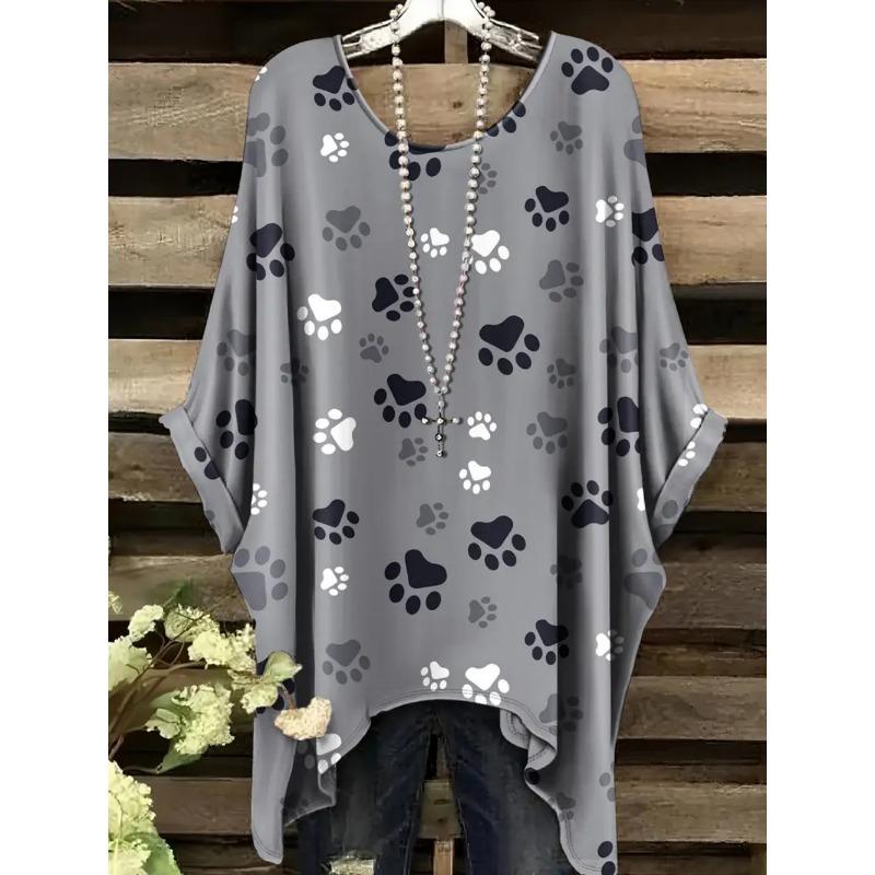 

Women s Oversized T-Shirt Cute Dog and Cat Print Round Neck Casual Top for Vacation Irregular Hemline Design Boho Blouse Clothes 1XL