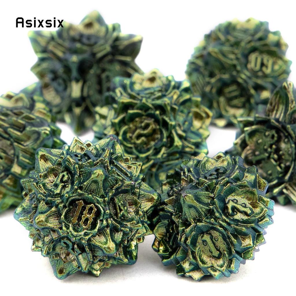 7 Stück grün-gelbe Lotusblüten-Metallwürfel aus massivem Metall, polyedrisches Würfelset, geeignet für Rollenspiele, RPG-Brettspiele, Kartenspiele