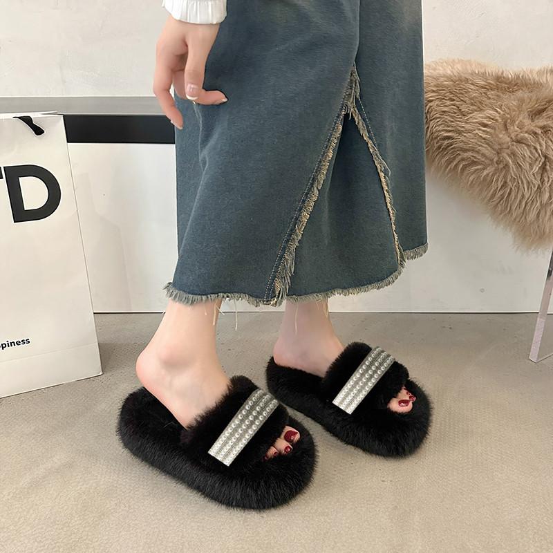 Thick bottom heightening Internet celebrity fluffy slippers women's autumn and winter outer wear ins home home non-slip pearl slippers spring and s