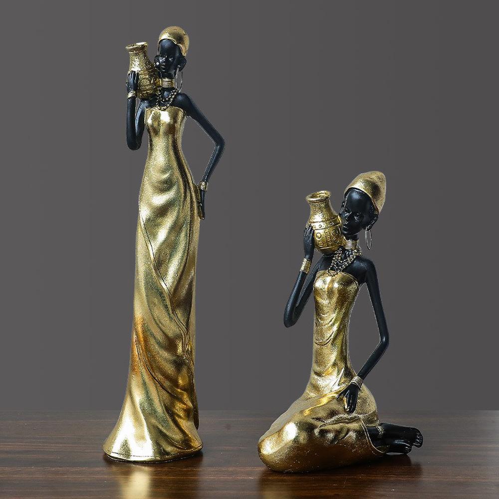 African Woman Resin Statue - Handmade Ancestral Mother Sculpture, Tribal Home Decor with Water Pot,Gift for Office Desk