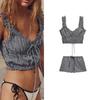 Spring New V Neck Wide Shoulder Strap Laminated Decoration Plaid Short Top 3115309 Mid Waist Plaid Shorts 3067423