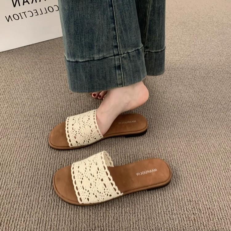Vintage Casual Flat-bottomed Woven One-word with Open-toed Slippers for Women's Summer Wear Bohemian Seaside Vacation Beach Shoes