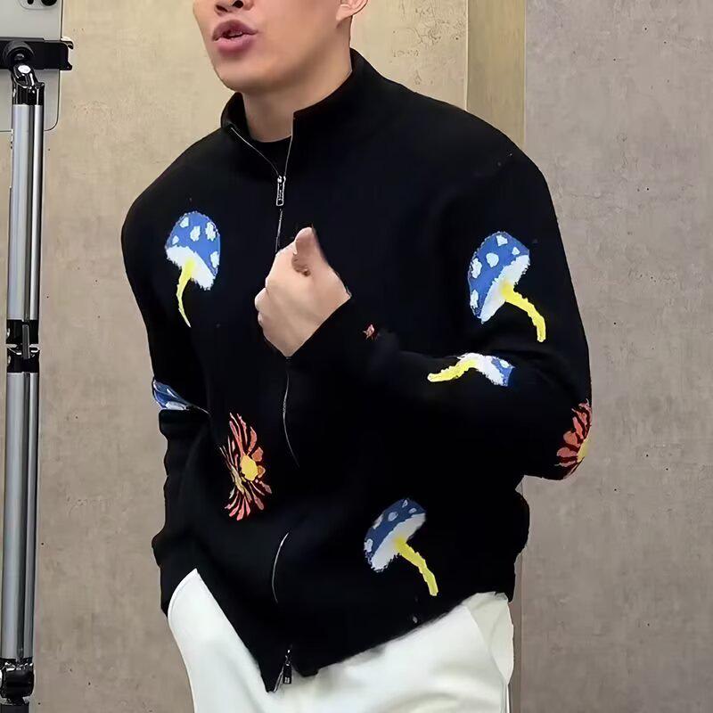 

Trendy European Slim-Fit Mushroom Jacquard Sweater for Men - Autumn/Winter Style with Stand Collar 2XL чорний