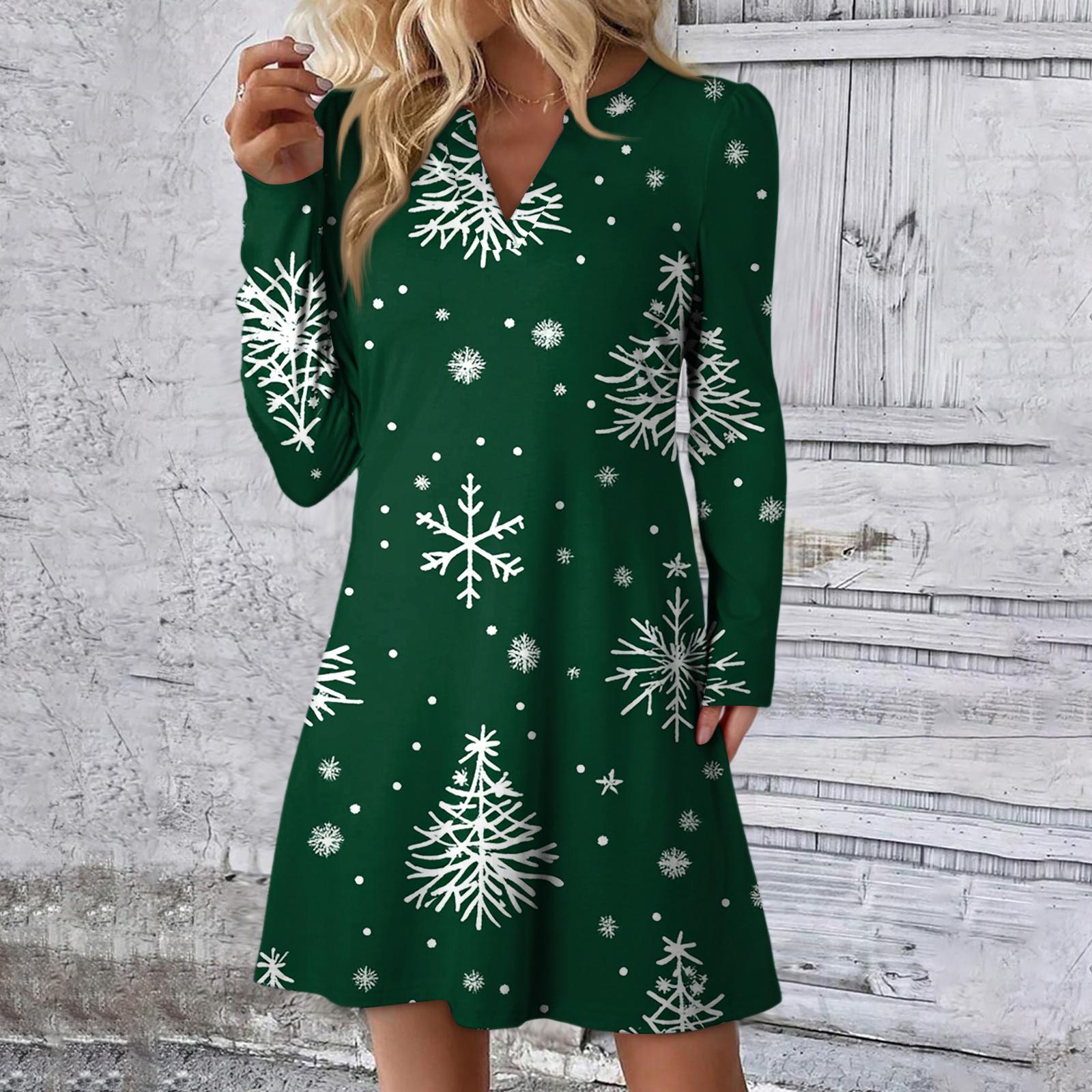 

Женское рождественское платье с принтом, свободное, с V-образным вырезом, повседневное платье с длинными рукавами L