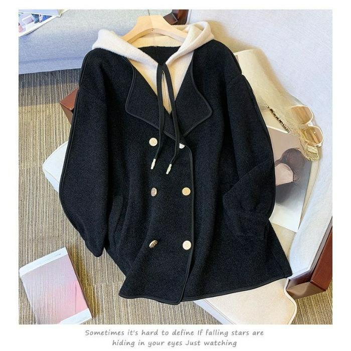 

Осенне-зимний двухпредметный шерстяной плащ с капюшоном, Темперамент большого размера, Тонкий кардиган, Шерстяной плащ XS чёрный