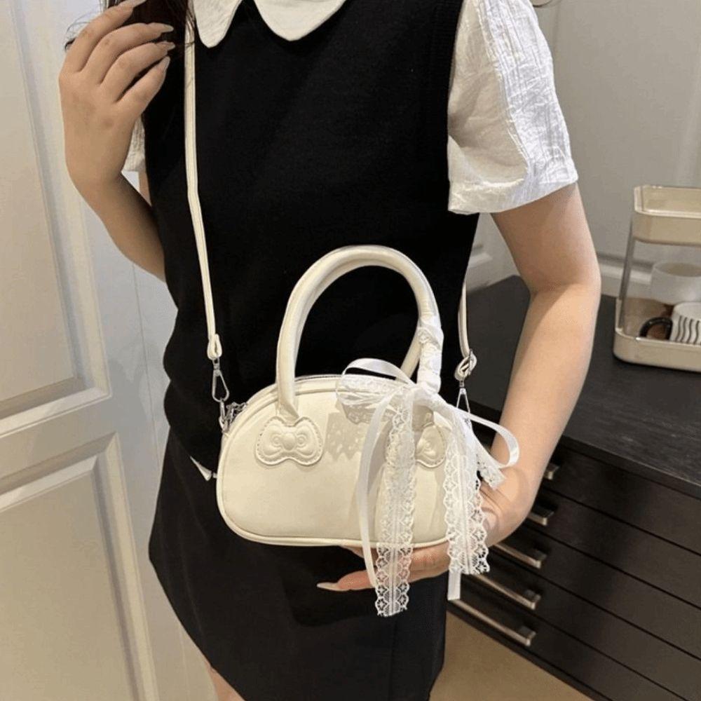 Korean Bow Crossbody Bag Pu Leather Commute Handbag Trendy Lace Ribbons Boston Bag Women