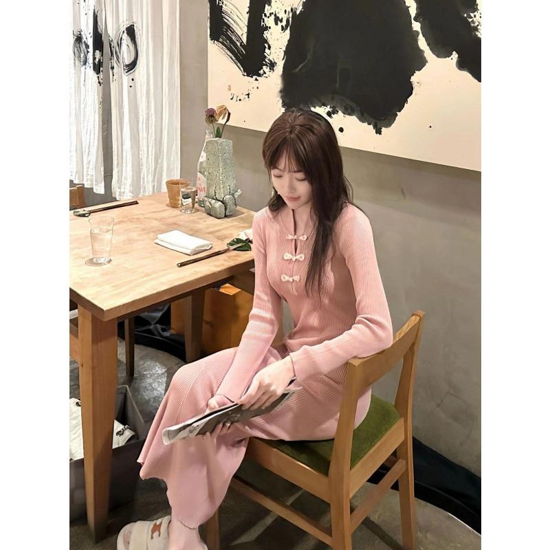 

[] Ретро ципао вязаное облегающее платье-годе розовое платье XL розовый