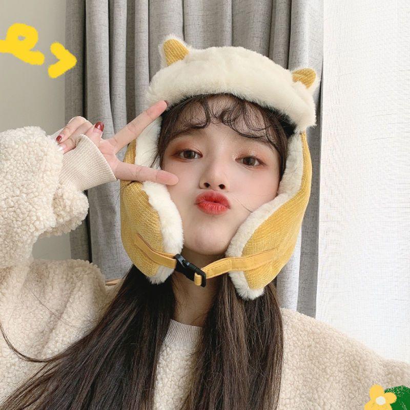 Women Warm Earmuffs Thicken Ear-flapped Hat Winter Cashmere Plush Cotton Hat Cat Ears Cap Winter Russian Bomber Hat