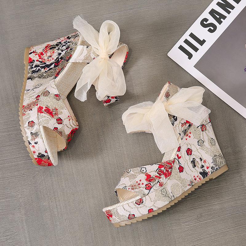 Fashion Women's Floral Print Sandals Mesh Bowknot Decor Wedge Strappy Open-toed Sandal Heels Platform Shoes Ankle-strap Dress Sandales