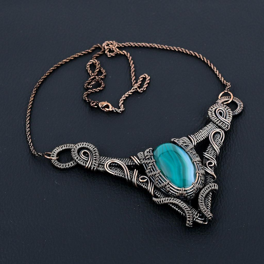 Blue Botswana Agate Gemstone Pure Copper Wire Wrapped Handmade Necklace Jewelry