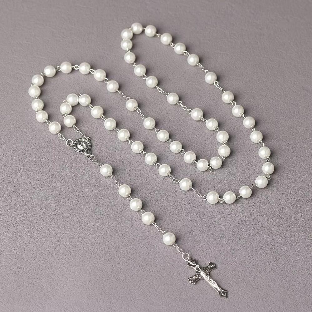 Imitation Pearl Rosary Beads Pendant Chain Handmade Beads Religious Pendants Christian Jewelry