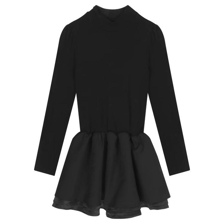 Black semi-turtleneck dress for women's autumn, autumn and winter a-word tutu skirt, short skirt with a base inside, small black skirt
