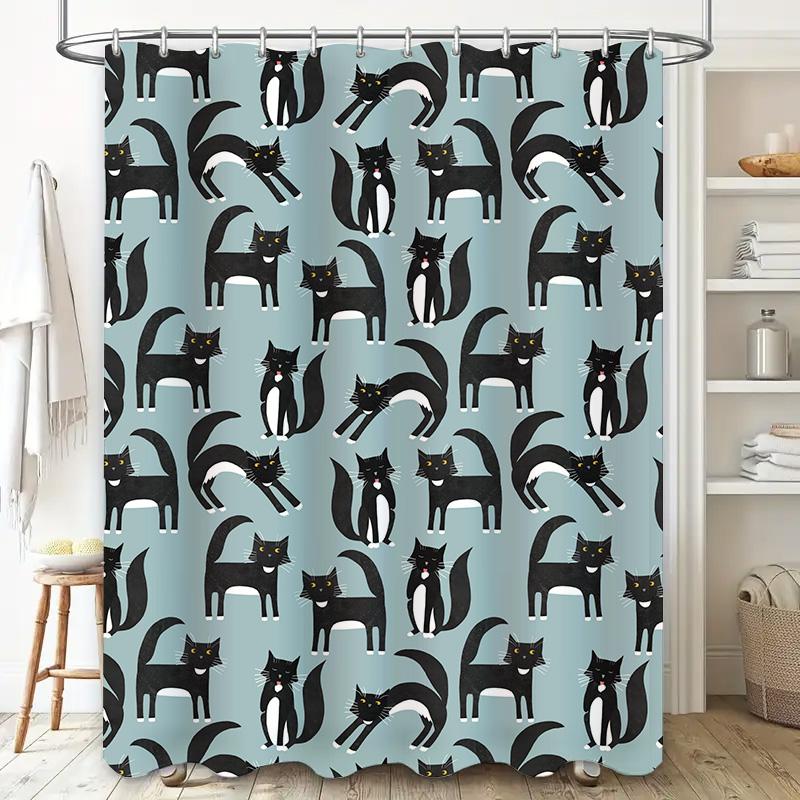 Blue Cats Shower Curtain Decorate Your Bathroom with Stylish Waterproof Fabric Black White Print for Kids Bedroom Easy Installat