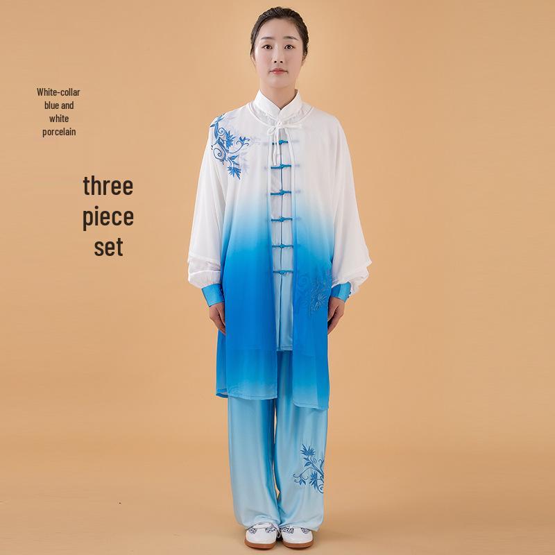 

Gradient Milk Silk Tai Chi Suit with Chinese Embroidery - Unisex Three-Piece Set for Morning Exercise Large