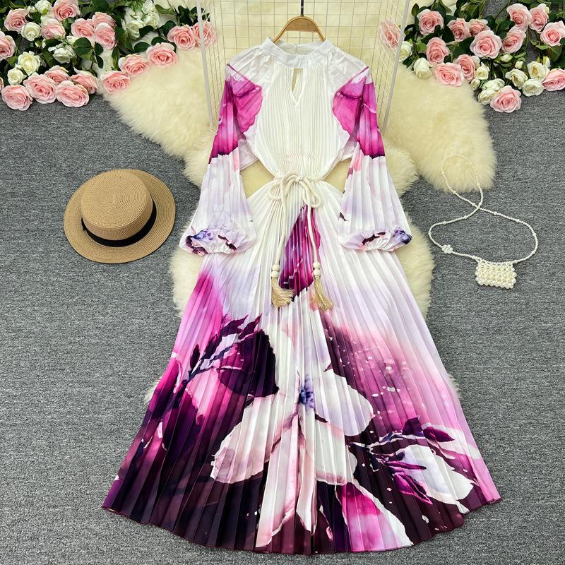 

YYFS Женская мода весна осень цветочный узор принт длинный рукав О-образный вырез высокая талия повседневные платья One size