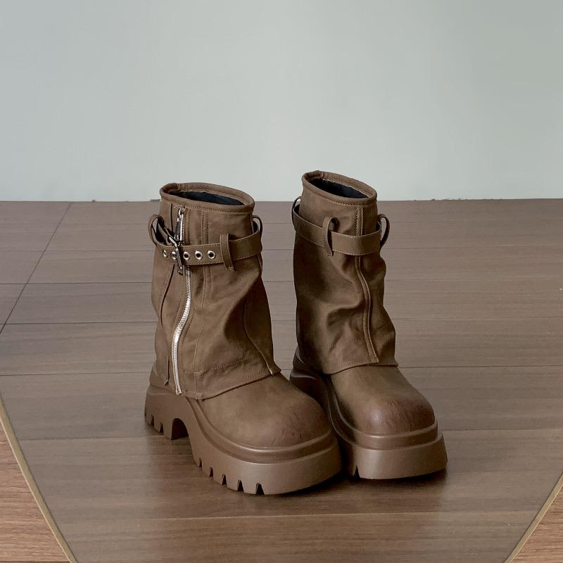 Vintage Platform Hoogteverhoging Dames Pijp Enkel Korte Laarzen Herfst Winter Dames Dikke Hak Ridderlaarzen botines para mujeres