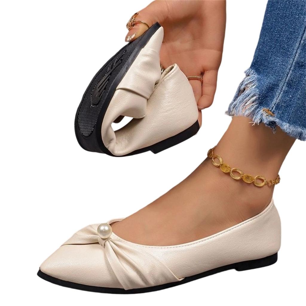 Women's Large Size Pointed Toe Flats Bow Accent Pearl Detail Slip On Casual Comfortable Shoes
