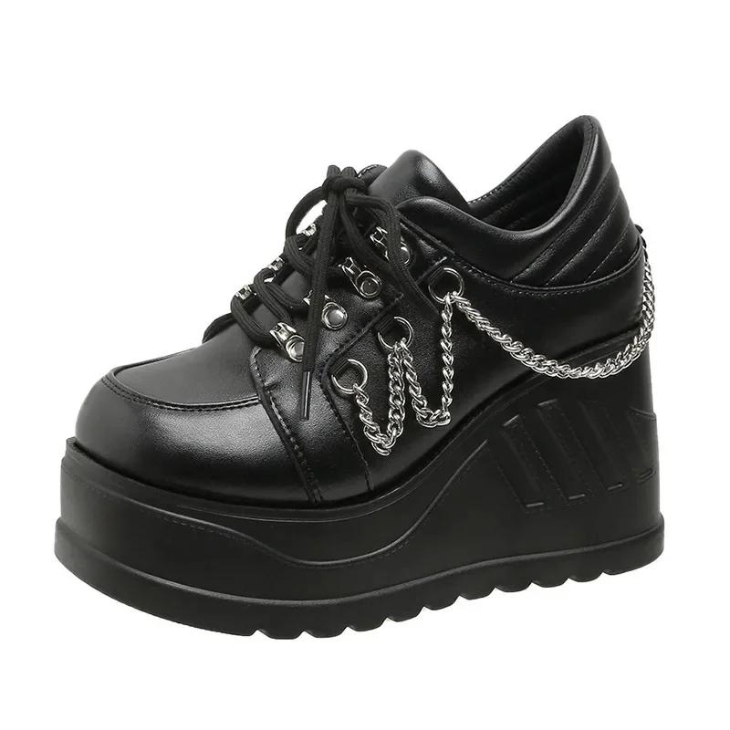 Fashion Punk Style Thick Heel Women's Single Shoes Leather Material Increased Height 9cm Large round Head High Heel Summer Shoes