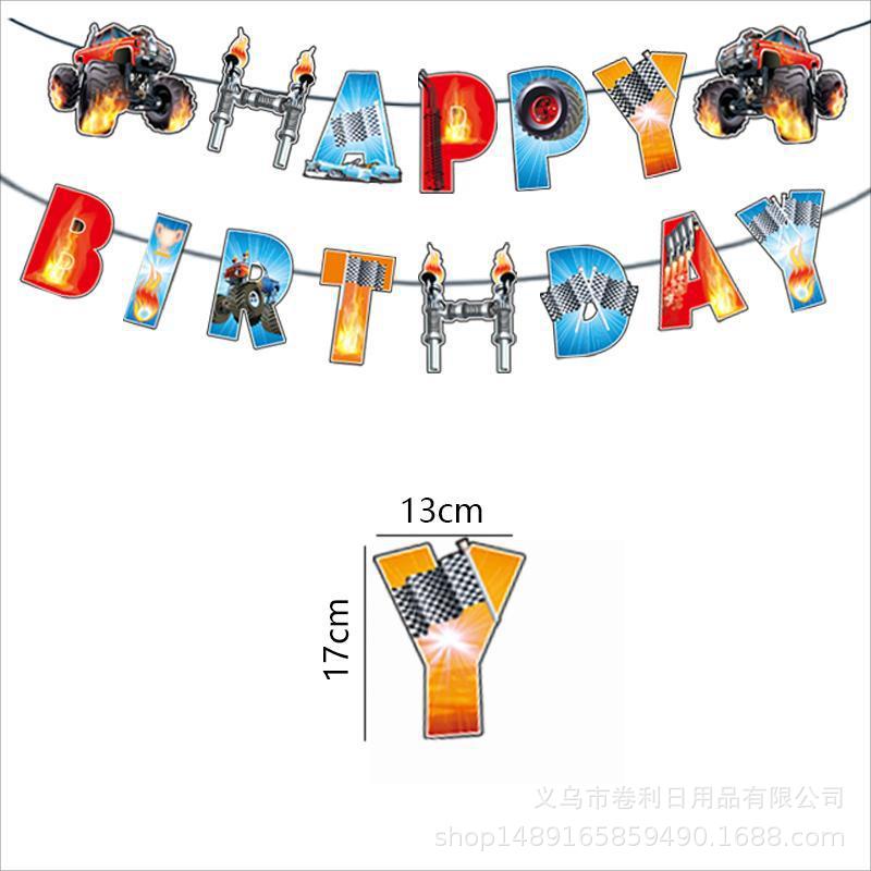 Bigfoot Theme Party Monster Truck Flag Tablecloth Paper Plate Hanging Spin Decoration Children'S Birthday Decoration Supplies