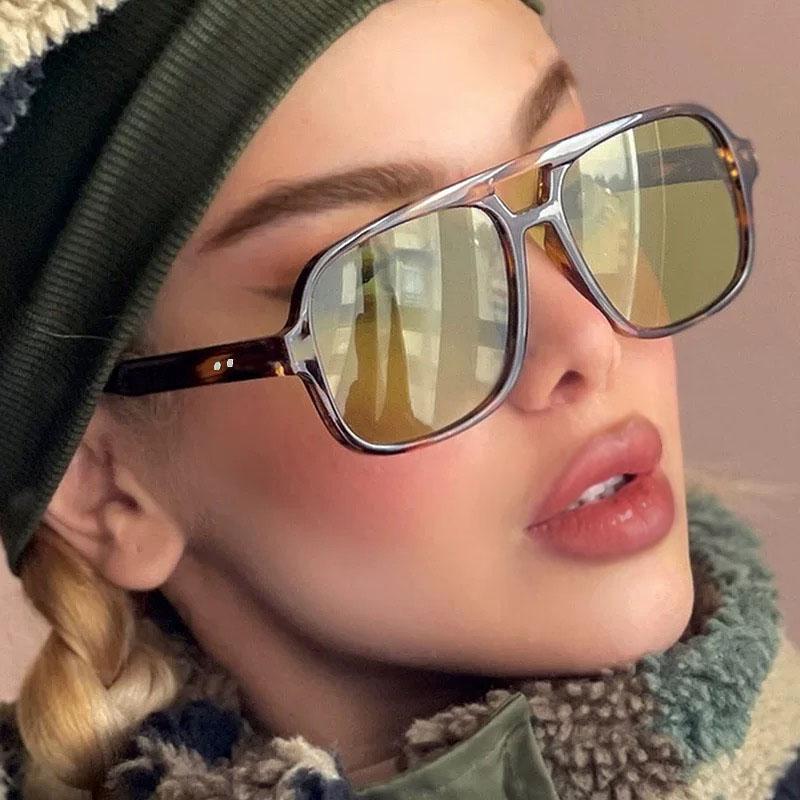 Y2K Vintage Double Bridge Square Pilot Sunglasses Oversized Big Frame Luxury Designer Shade for Women Men Punk