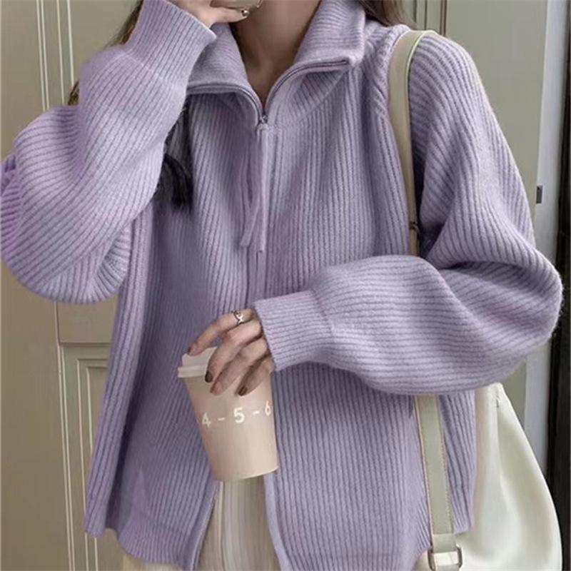 

Модный вязаный кардиган с двойной молнией, свитер, новый женский свободный элегантный осенне-зимний кардиган с лацканами, пальто, однотонный повседневный внешний мягкий топ 1321 One Size светло-фиолетовый