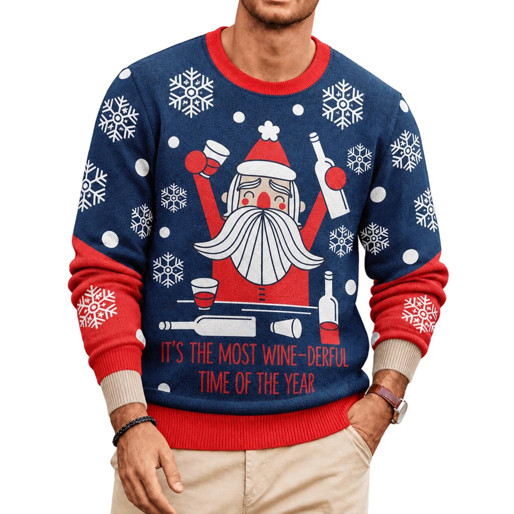 Christmas Floral Print Men's Crewneck Sweater, Casual Holiday Pullover