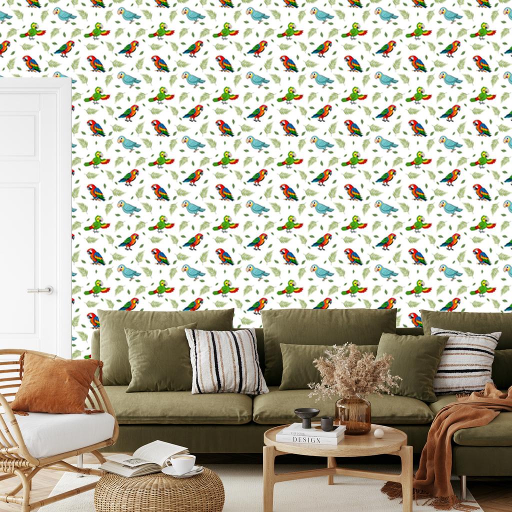 Parrot Wallpaper White, Lime and Light Gray for Living Room and Bedroom 50x1000