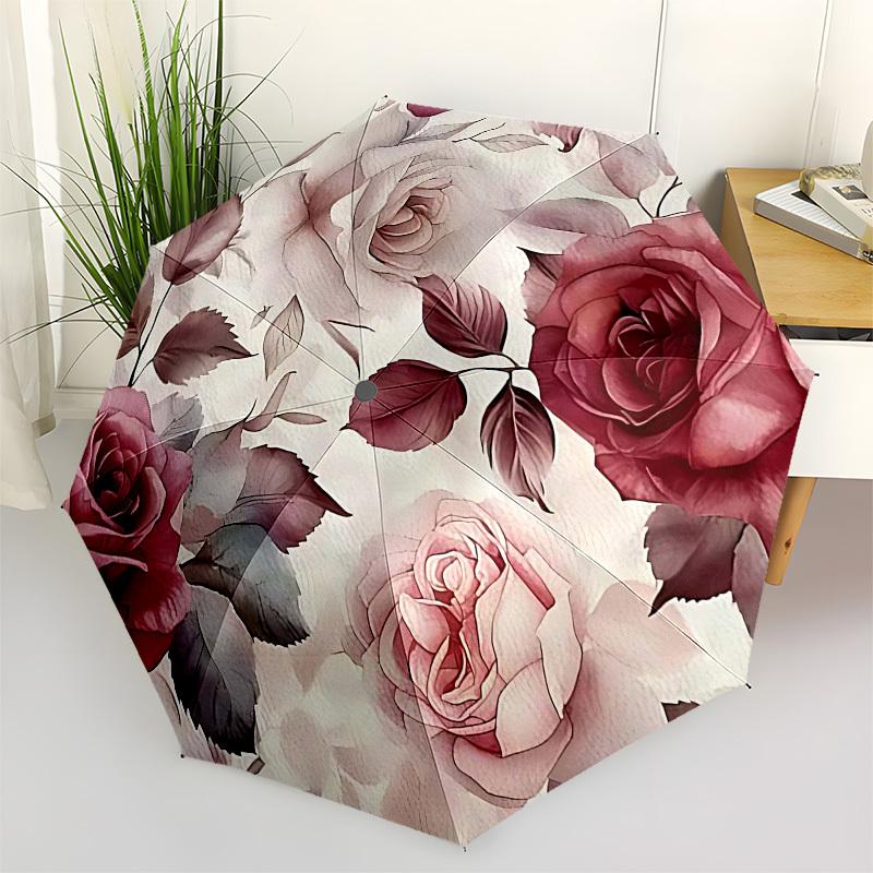 1PC Rose Floral Umbrella-8-Rib Reinforced Portable Folding Travel Suitable for All Seasons Outdoor Daily , Fun Design-Z0442