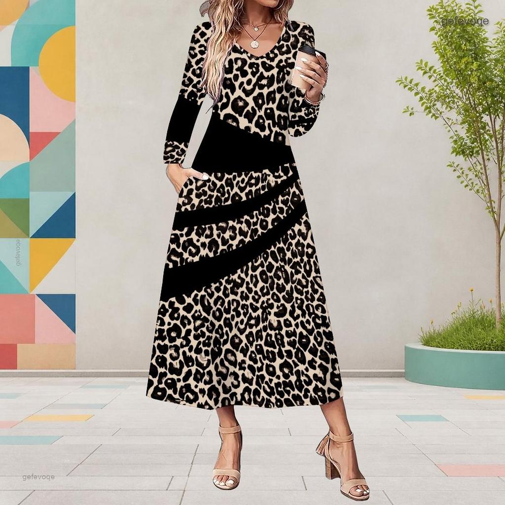 Women Plus Size V Neck Long Sleeve Leopard Print Pockets A Line Midi Dress