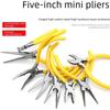 Compact Hand Tool Set: Mini Needle Nose, Diagonal, Curved Nose, Flat Nose, and Vise Pliers.