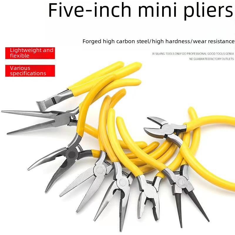 Compact Hand Tool Set: Mini Needle Nose, Diagonal, Curved Nose, Flat Nose, and Vise Pliers.