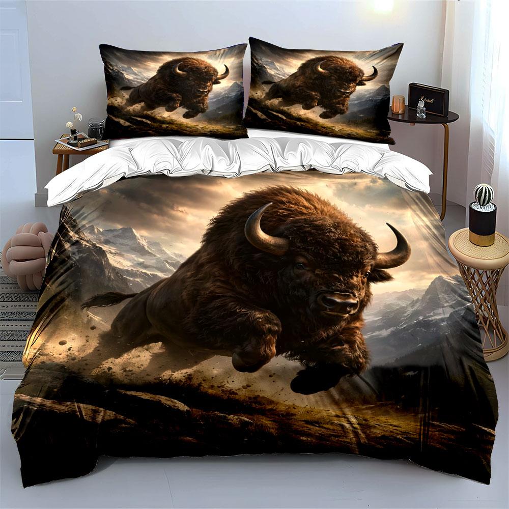 Roaring Bull In Mountain Scene Bedding Duvet Cover Set  (1*Duvet Cover 2*Pillowcases, Without Duvet Insert)