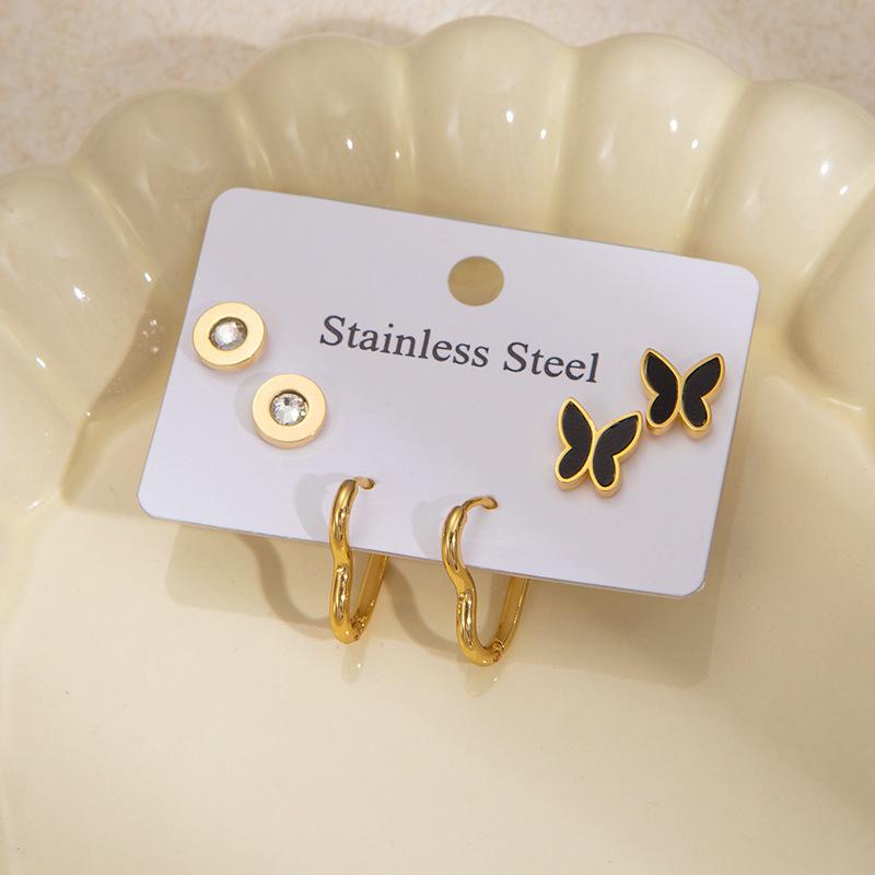 Elegant Four-Leaf Clover & Heart Earrings with Butterfly Detail, Titanium Steel Hoops - Non-Fading, Fashionable Summer Accessory