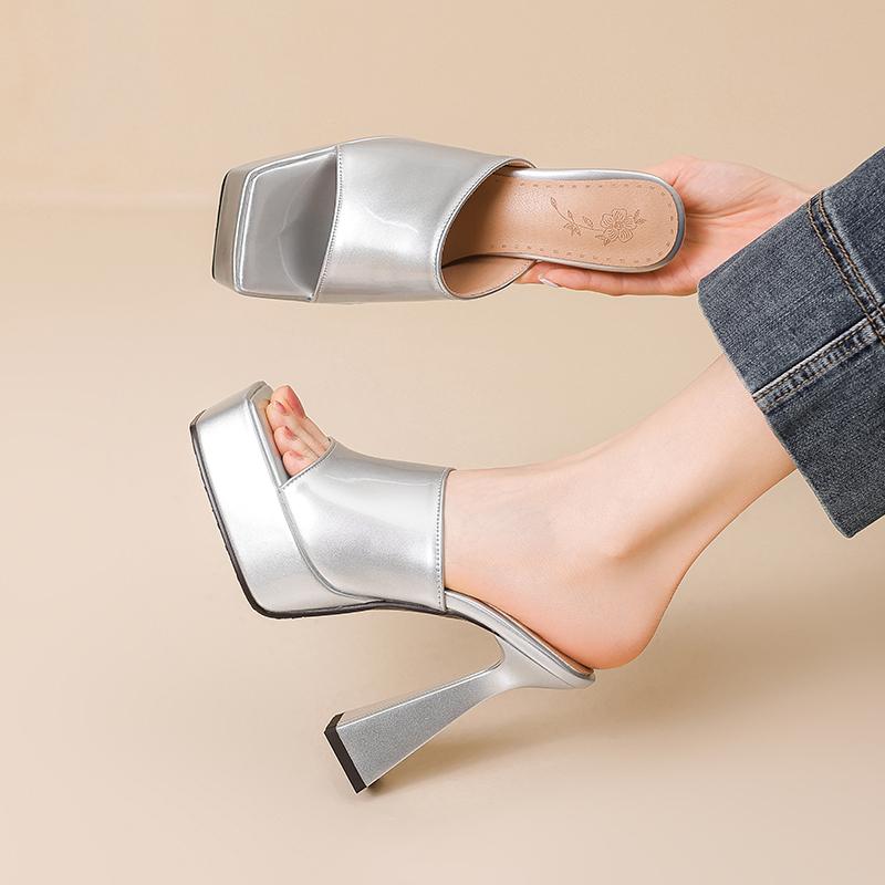 

Women s high-heeled slippers sexy European and American style waterproof table thick heel large size summer new cool slippers 34 чёрный