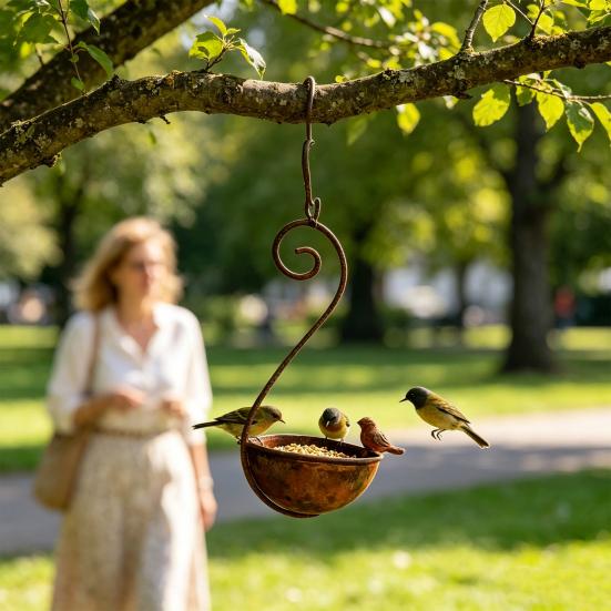Outdoor Hanging Bird Feeder, Garden Metal Bird Feeder with Curled Hook, Decorative Wild Bird Feeder for Hanging On Tree Branches Balcony Porch