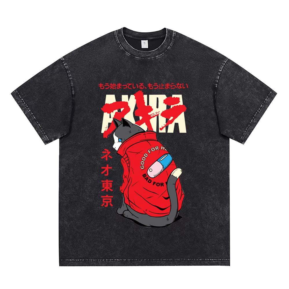 Japanese Anime Akira Washed Vintage T Shirt Science Fiction Cartoon Movie Shotaro Kaneda T-shirt Men Daily Wear Cool Top
