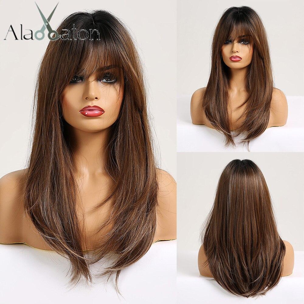 

ALAN EATON Ombre Коричневый блондин Синтетический многослойный парик для женщин Длинные прямые парики с длинной челкой Красочные косплей Искусственные волосы для вечеринок Термостойкие