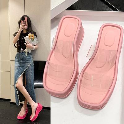 Thick Bottom Slope Heel Transparent Belt Slippers Women's Summer 2025 New Candy Color Foot Cover Women's Beach Cool Slippers